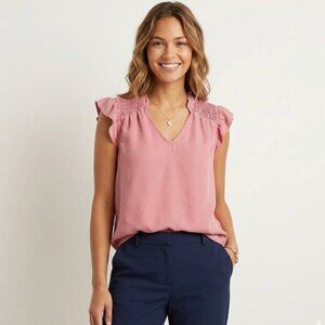 Cloth & Stone | Tencel Smocked Pink Ruffle Sleeve Top | Size Medium